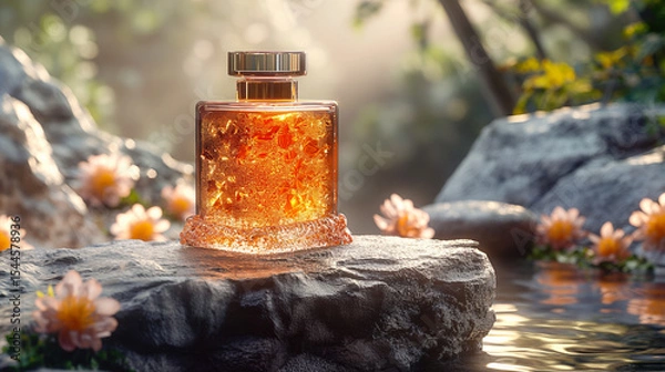 Fototapeta Luxury perfume bottle with golden liquid on rock in serene natural setting