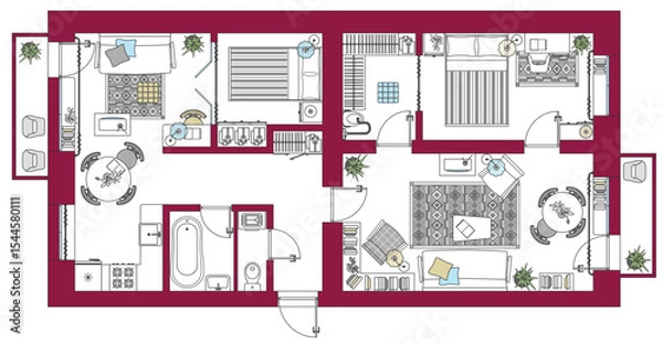 Obraz House or apartment architectural sketch. Drawing of building. Set of furniture icons for floor plan and interior design all residential rooms. Vector