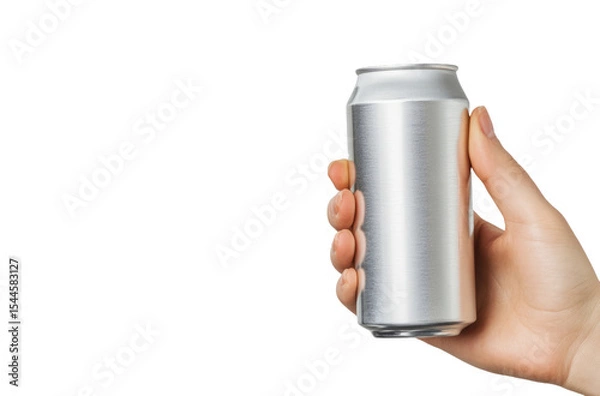 Fototapeta Hand Grasping Blank Aluminum Beverage Can. Cutout Object with No Background