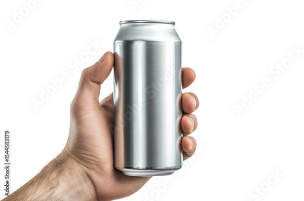 Fototapeta Mockup of Human Hand Holding Empty Metal Can. PNG Format with Clear Background
