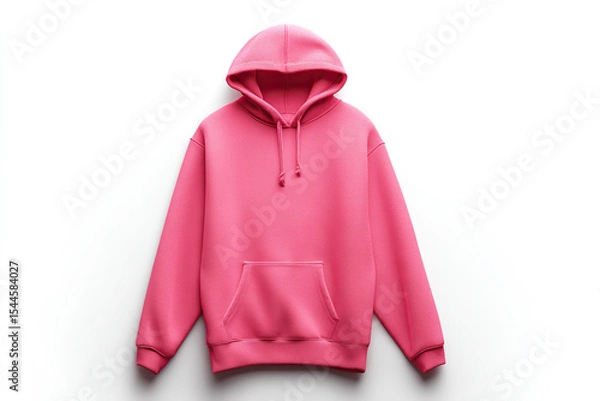 Fototapeta A bright pink hooded sweatshirt is laid flat, centered, against a stark white background, showcasing its comfortable design.