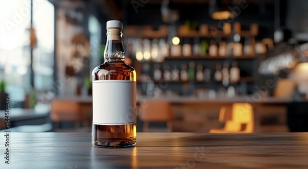 Fototapeta Glass Whiskey Bottle with White Label on Rustic Table. Product Mockup in Soft Focus Setting