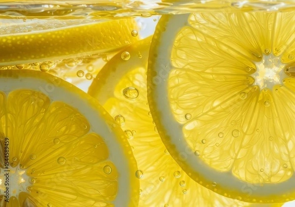 Fototapeta Close up of lemon slices submerged in water with bubbles creating a refreshing and vibrant scene
