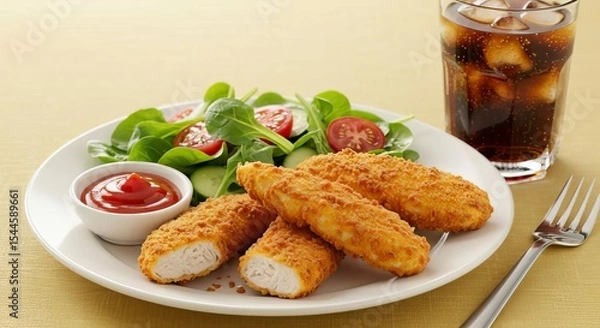 Fototapeta Plate of crispy chicken tenders with salad ketchup and a glass of cola with ice cubes on a table