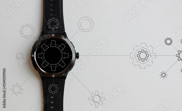 Obraz Contours of Transparent Gears Connected Between Each Other on Black Digital  Watch and white Copy Space 
