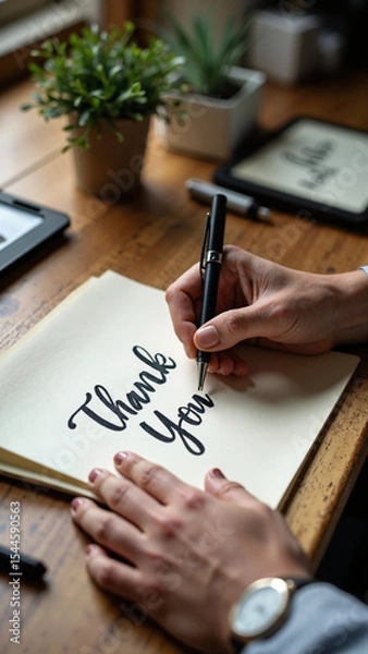 Obraz Close-up of a male hand crafting a "Thank You" sign on textured cardstock, isolated on transparent background for appreciation campaigns.