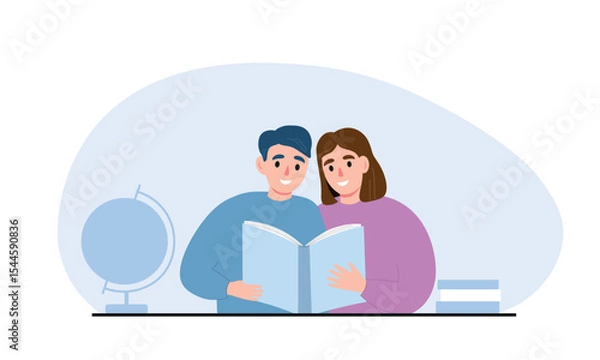Fototapeta Students are sitting in class, gaining knowledge, reading a book. Vector flat graphics.