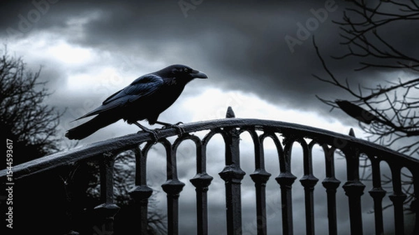 Fototapeta A black crow perches on a wrought iron fence under a dark, cloudy sky. The scene evokes a gothic and mystical atmosphere, perfect for Halloween themes.