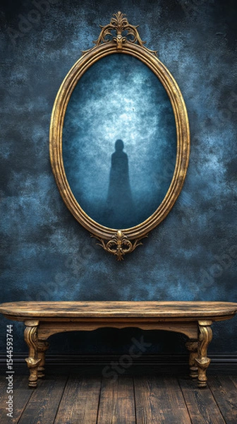 Fototapeta A vintage oval mirror reflects a shadowy figure against a dark, textured wall. A wooden bench sits below, enhancing the gothic and mystical atmosphere.