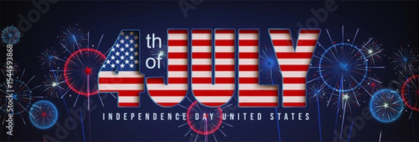 Fototapeta Bold 4th of July typography filled with USA flag colors on a dark background with fireworks, perfect for Independence Day celebration graphics or digital greeting cards.