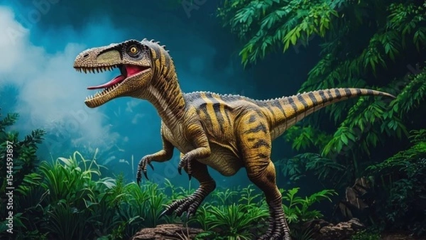 Fototapeta A realistic depiction of a Velociraptor dinosaur in a lush, green prehistoric jungle. The dinosaur has a scaly body with yellow and brown stripes, sharp claws, and an open mouth.