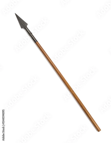 Obraz Long wooden Greek dory spear with a pointed iron head, isolated on white background.
