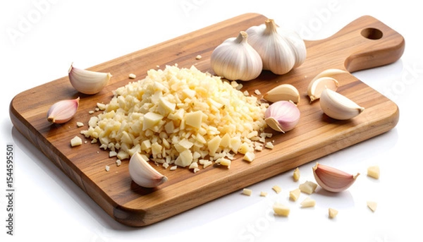 Obraz Minced and sliced garlic cloves scattered on a wooden cutting board with whole cloves nearby.