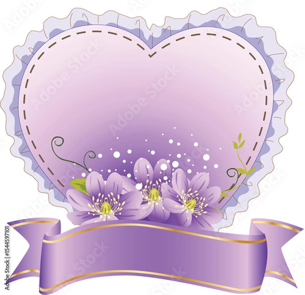 Obraz Purple Heart Frame with Ruffled Edge, Flowers, and Ribbon