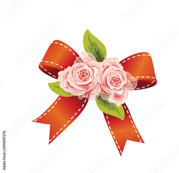 Obraz Red Bow with Pink Roses and Green Leaves