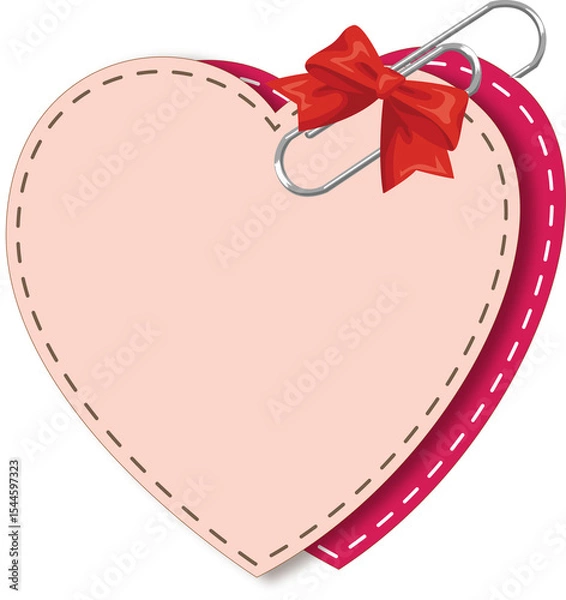 Obraz Pink Heart Tag with Red Bow and Paperclip