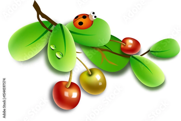 Obraz Ladybug on a Branch with Cherries and Leaves
