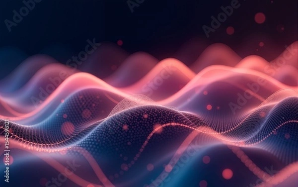 Fototapeta Glowing, abstract circular waves of particles form a futuristic, 3D-rendered technology backdrop.  Dynamic, mesh curves flow like sound waves. High quality