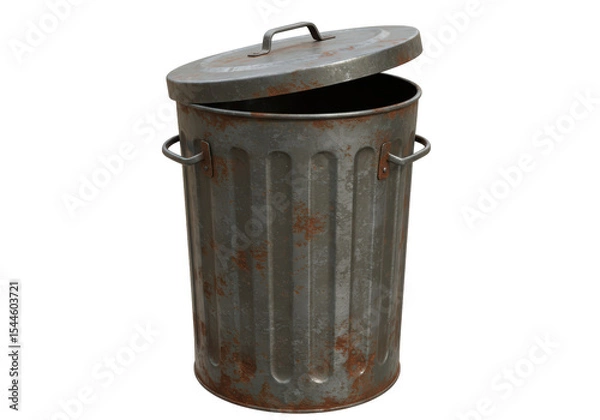 Fototapeta Isolated Rusty Metal Trash Can with Open Lid