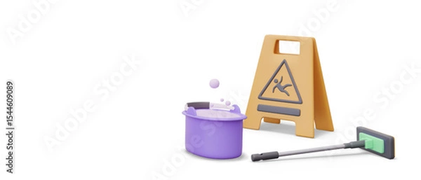 Fototapeta Concept of slippery floor after wet cleaning. Realistic mop, bucket with soap foam, warning sign with falling man. Vector composition in 3D style, isolated elements