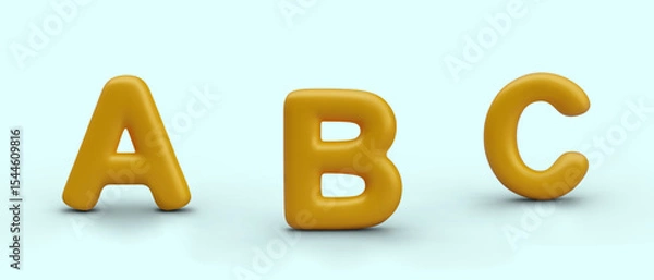 Fototapeta Set of first letters of English alphabet. Golden text symbols in 3D style. Isolated templates, language learning concept. Composition for advertising preschools, schools, language resources