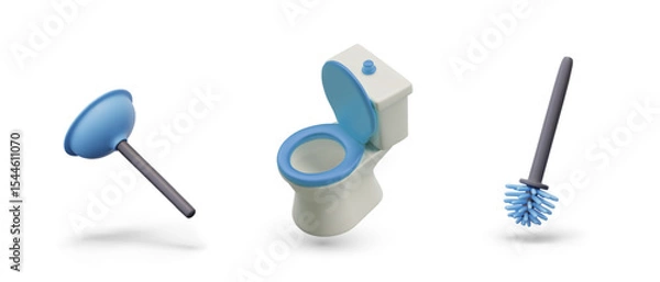 Fototapeta Set of 3D elements for bathroom hygiene concepts. Creative colored icons for site, application. Plunger, toilet with open lid, brush. Isolated templates