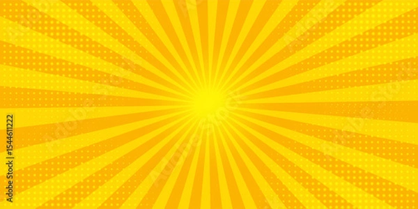 Obraz Abstract orange comic background. Art pop cartoon backdrop. Halftone effect pattern. Fun anime texture. Starburst manga style bg. Mark popart radial gradient. Spiral, swirl, comic rays.