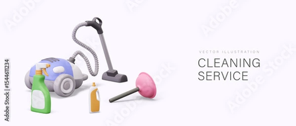 Fototapeta Creative vector composition for cleaning service. Realistic vacuum cleaner, plunger, spray, plastic bottle. Packaging with blank labels for advertising concepts