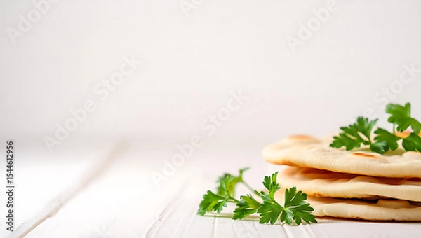 Fototapeta Soft Wheat Flatbreads with Parsley on White Wood naan