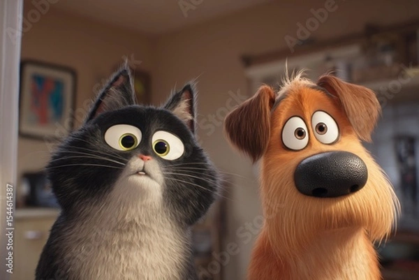 Fototapeta Cute Cat and Dog Side by Side, Sharing a Curious Moment in a Cozy Home Setting Generative AI