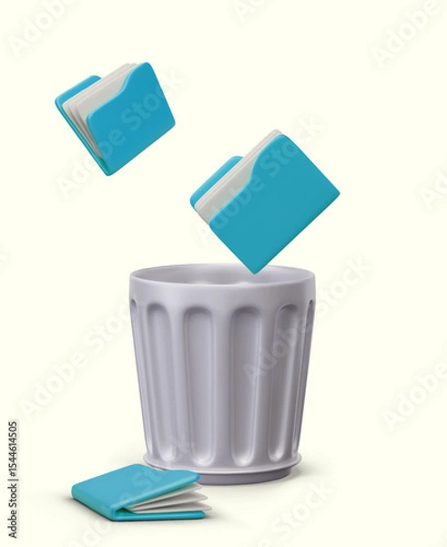 Fototapeta Concept of information destruction, data deletion. Realistic folders with documents fall into large metal trash can. Memory cleaning software. Color vector composition