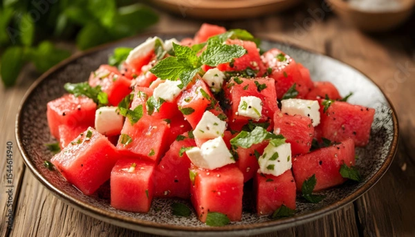 Obraz Wassermelonen-Feta-Salat mit Minze