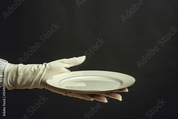 Fototapeta sharp picture of Elegant waiter hand in white glove holding an empty plate