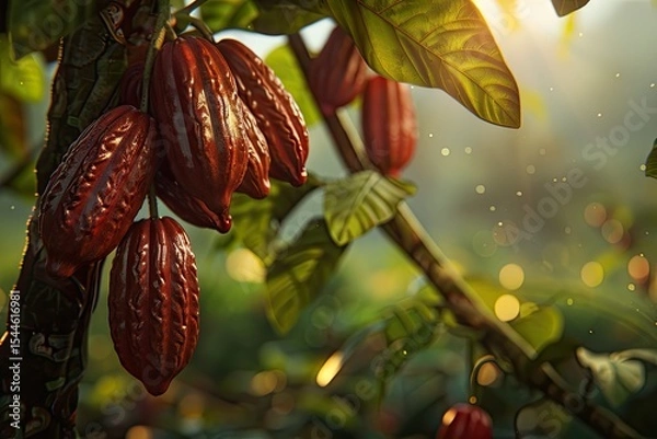 Fototapeta High Definition Image of Cacaos Hanging From a Tree Branch in the Cacao Orchard