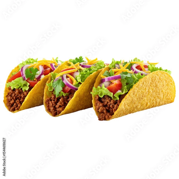 Fototapeta Three hard shell tacos filled with seasoned ground beef, lettuce, tomato, shredded cheese, and sliced red onions.