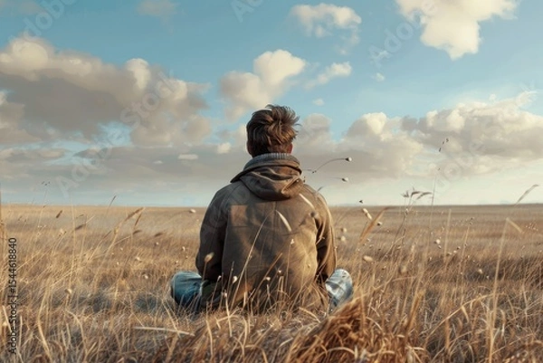 Fototapeta Ultra Quality Picture of Rear View of Man Sitting on Field