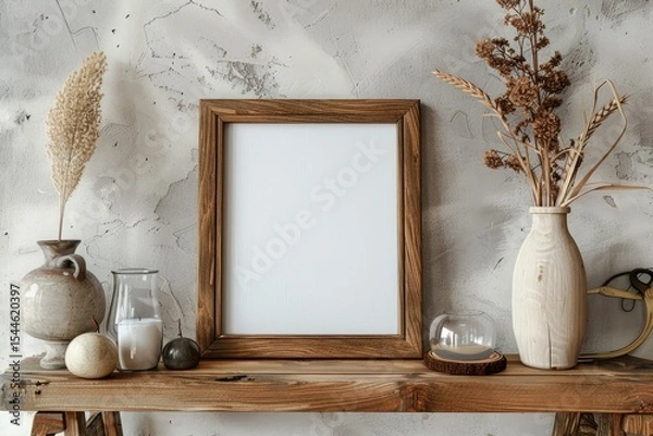 Fototapeta Sharp Picture of Square Wooden Frame Mockup with Interior Decorations