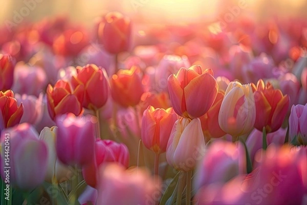 Fototapeta A Vibrant Tulip Field Panorama at Sunrise, with the First Light Touching the Colorful Blossoms