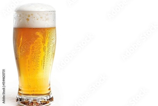 Fototapeta Glass of Fresh Goldencolored Beer with Cap of Foam Isolated on White Background
