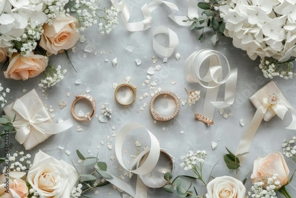 Fototapeta Flawless Picture of Flat Lay Layout of Wedding Details Top View