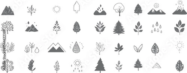 Fototapeta Set of mountain, tree and nature icons in minimalist silhouette line art form suitable for nature lovers, mountain climbers, and tourists for use in applications, banners, web and social media.