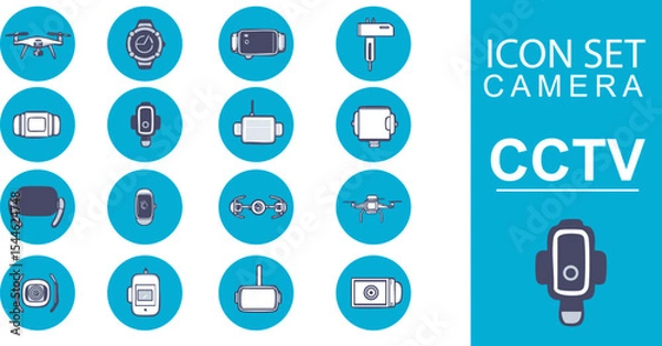 Fototapeta Collection of illustrations of CCTV camera icons and drone cameras with different colors. for room monitoring. suitable for apps, web and social media icons or print