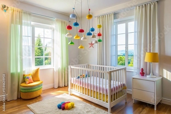 Fototapeta A colorful room with a crib and a toy house