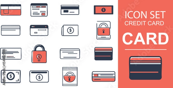 Fototapeta Collection of illustrations of credit card icons, shopping cards and paper checks. Suitable for apps, web and social media icons or print about banking and finance.