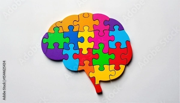 Fototapeta A vibrant brain-shaped puzzle with multicolored pieces, symbolizing cognitive complexity and mental activities.