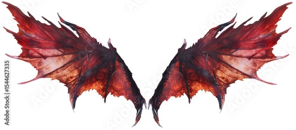 Fototapeta A pair of striking red and black dragon-like wings with intricate textures and sharp edges, set against a plain white background.