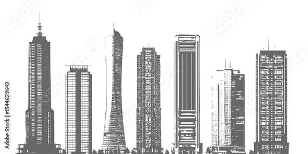 Fototapeta City skyline in silhouette style, lit windows sparkling at night. Transparent background fits seamlessly into any layout, great for finance websites,