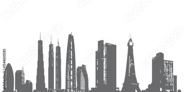 Fototapeta Elegant high-rise office buildings in silhouette with twinkling lights, transparent background. Ideal for corporate presentations, landing pages, business apps, or architectural visuals highlighting m