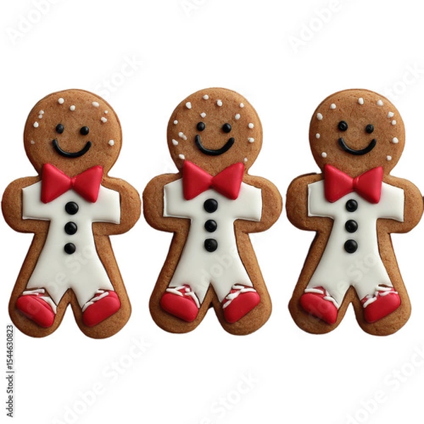 Fototapeta Three gingerbread men decorated with white icing, red bow ties, and red shoes, each smiling with black icing eyes and buttons.