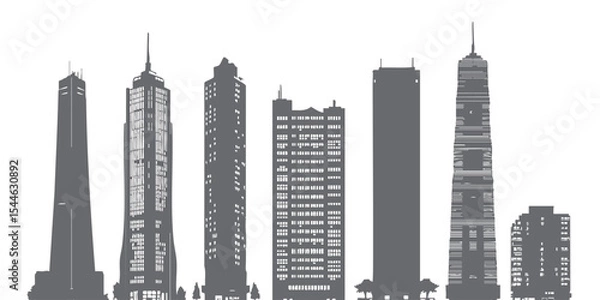 Fototapeta Silhouette of city skyscrapers glowing with soft lights, set against a transparent background. Perfect for business themes, websites, or modern urban banners needing a clean, professional metropolitan